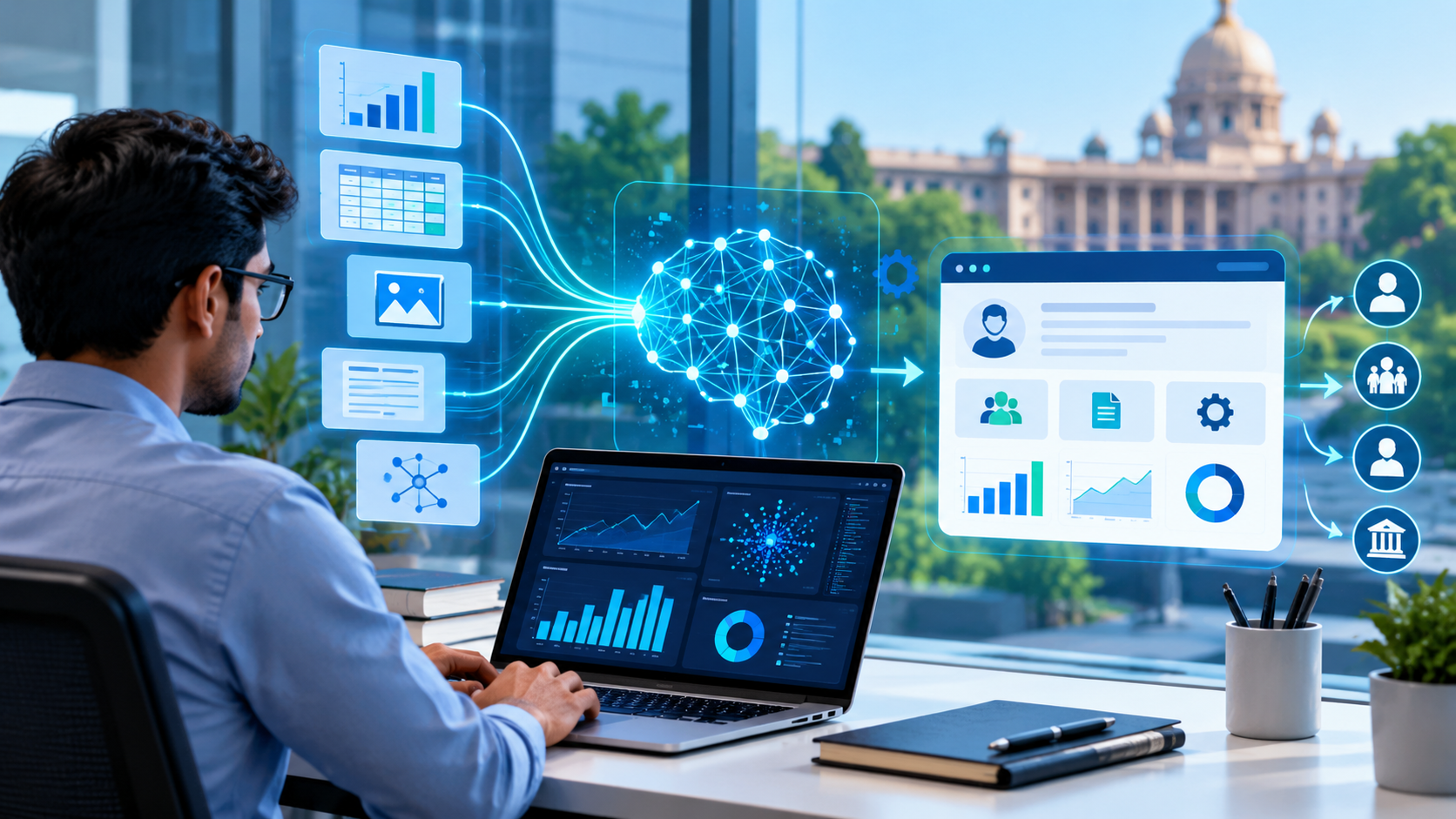 Data scientist reviewing machine-learning code and model evaluation dashboards across two monitors