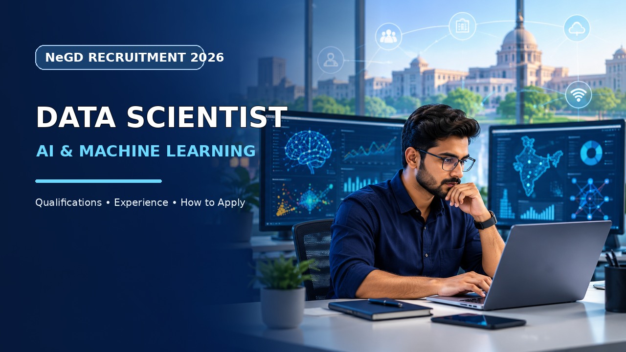 Illustrative scene of a data scientist working with AI analytics dashboards in a modern technology office